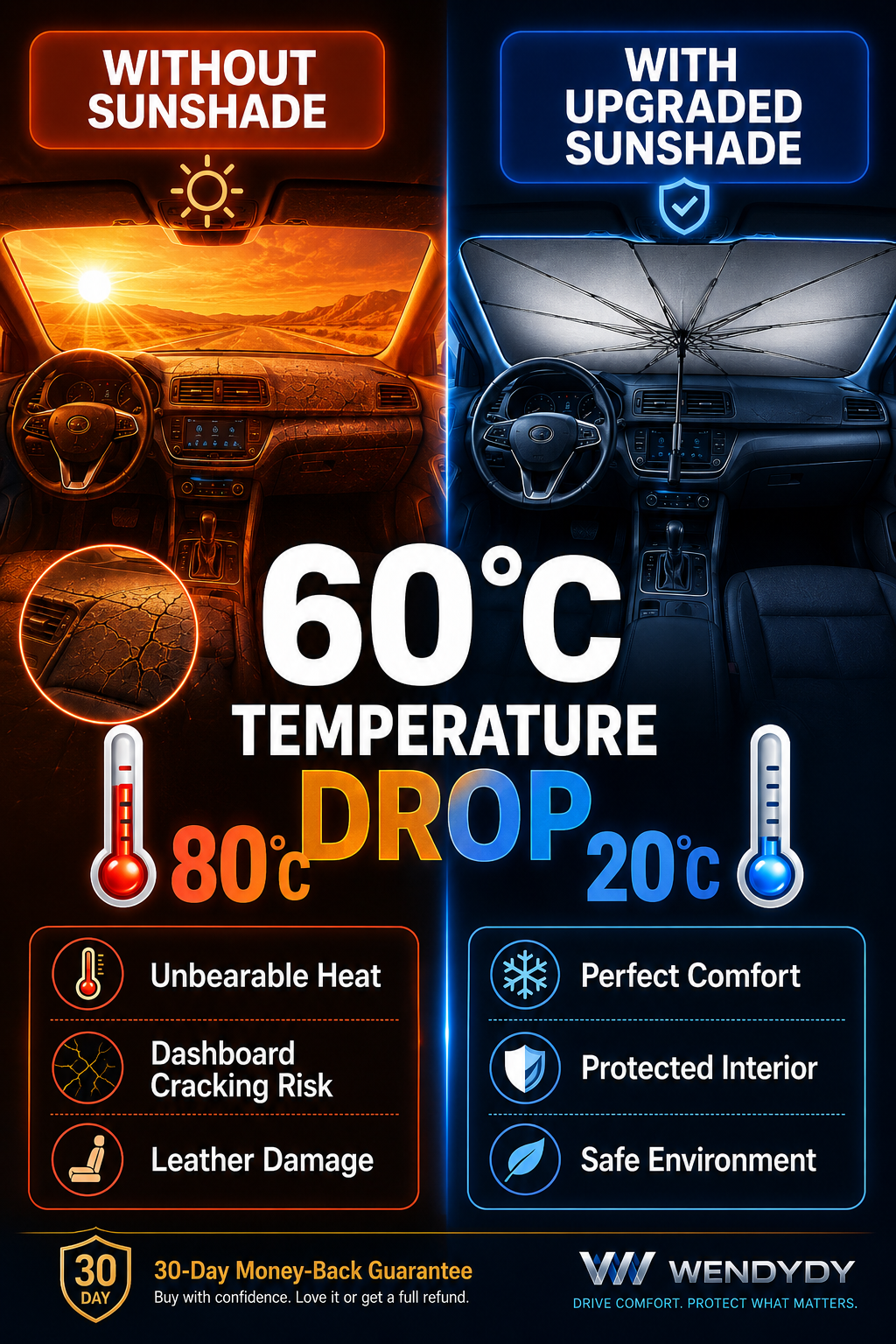 Car sunshade umbrella comparison between hot windshield and protected interior