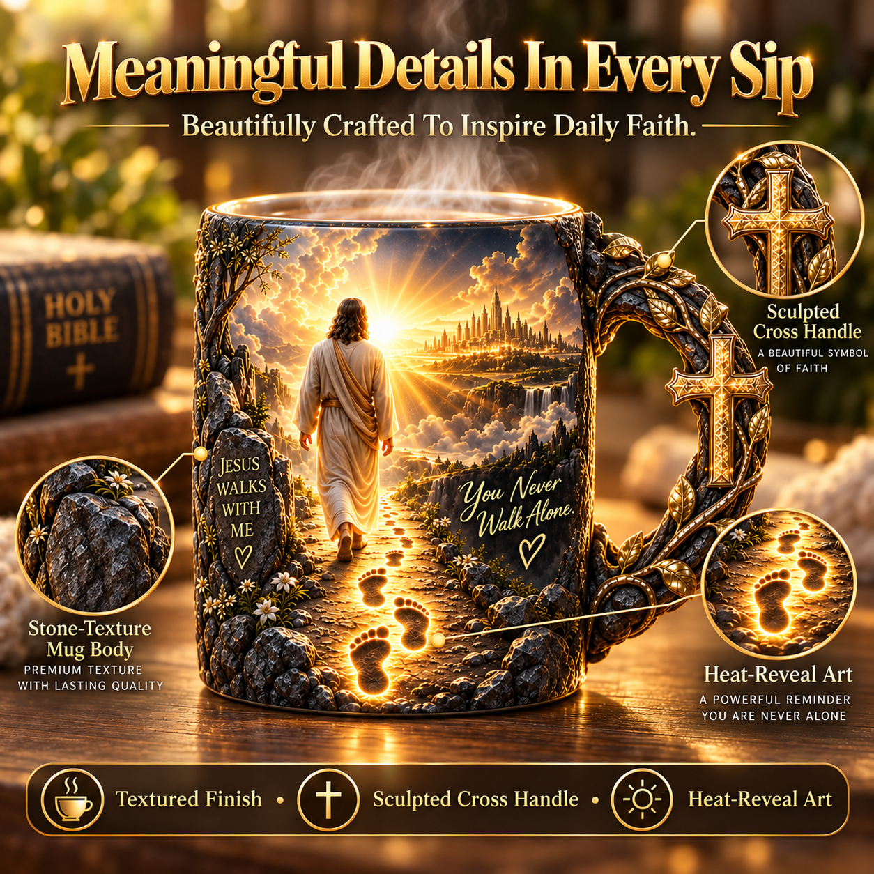 Close-up of the Jesus Walks With Me mug decorative cross-shaped handle