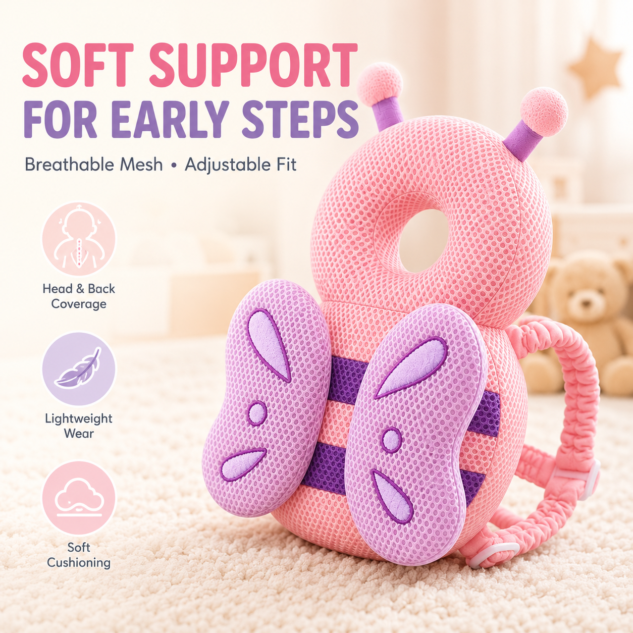 Side view showing lightweight plush padding depth