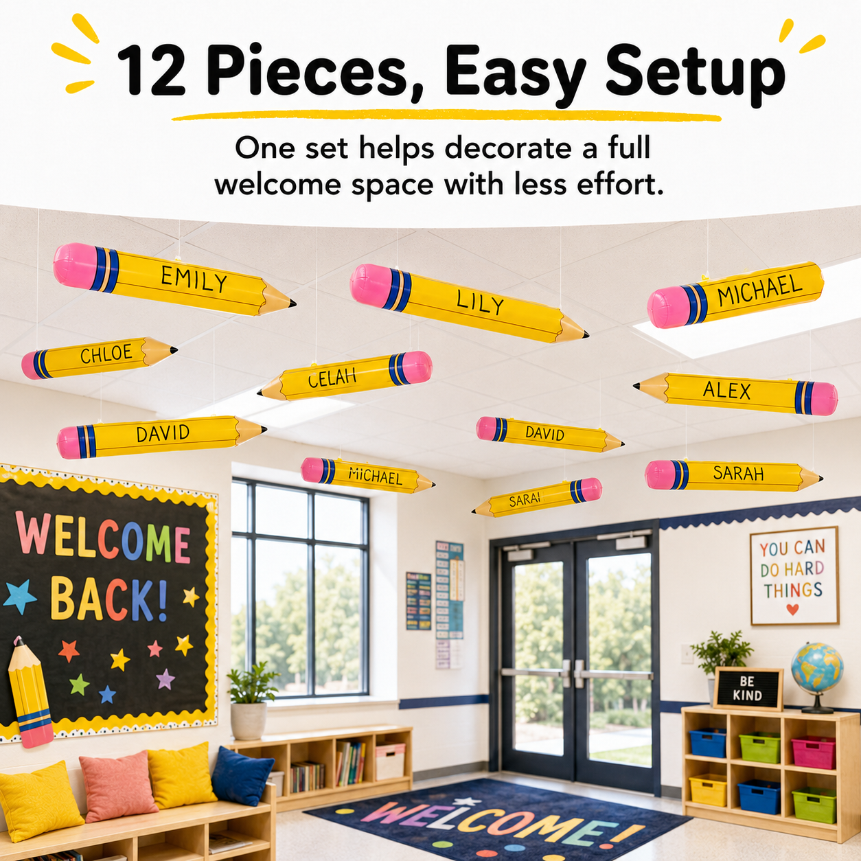 Twelve inflatable pencils in a school welcome area