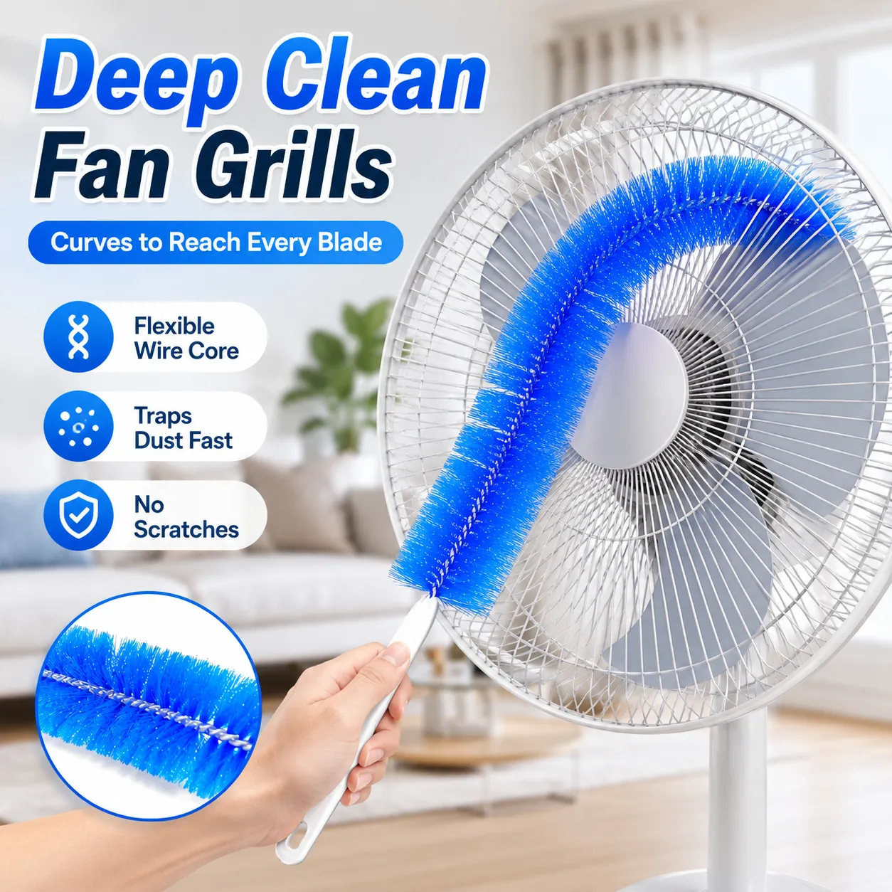 Dense soft bristles trap dust and pet hair