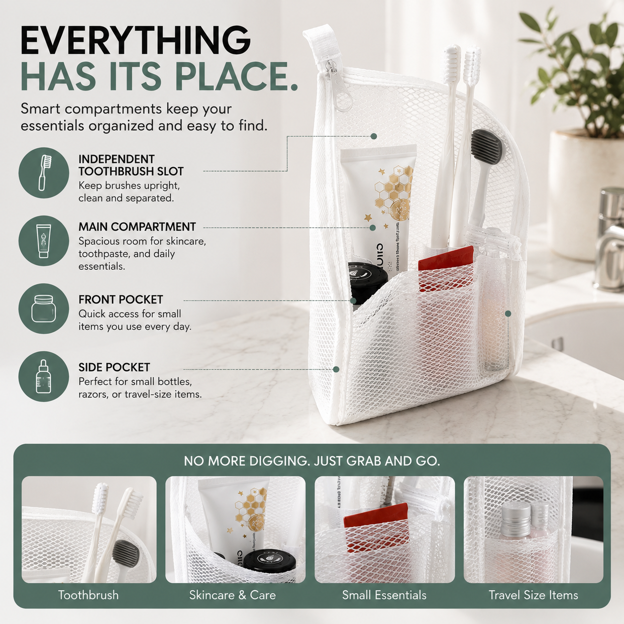 Multi-compartment toiletry organizer with dedicated toothbrush section