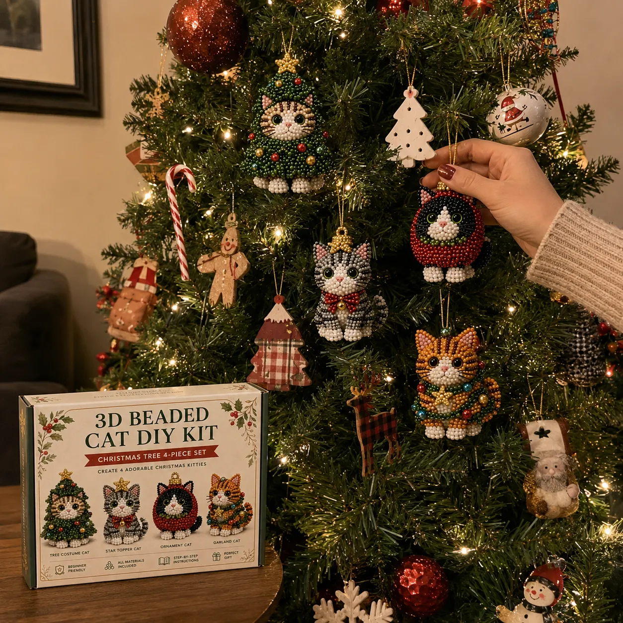 Customer review photo showing completed cat ornament on tree