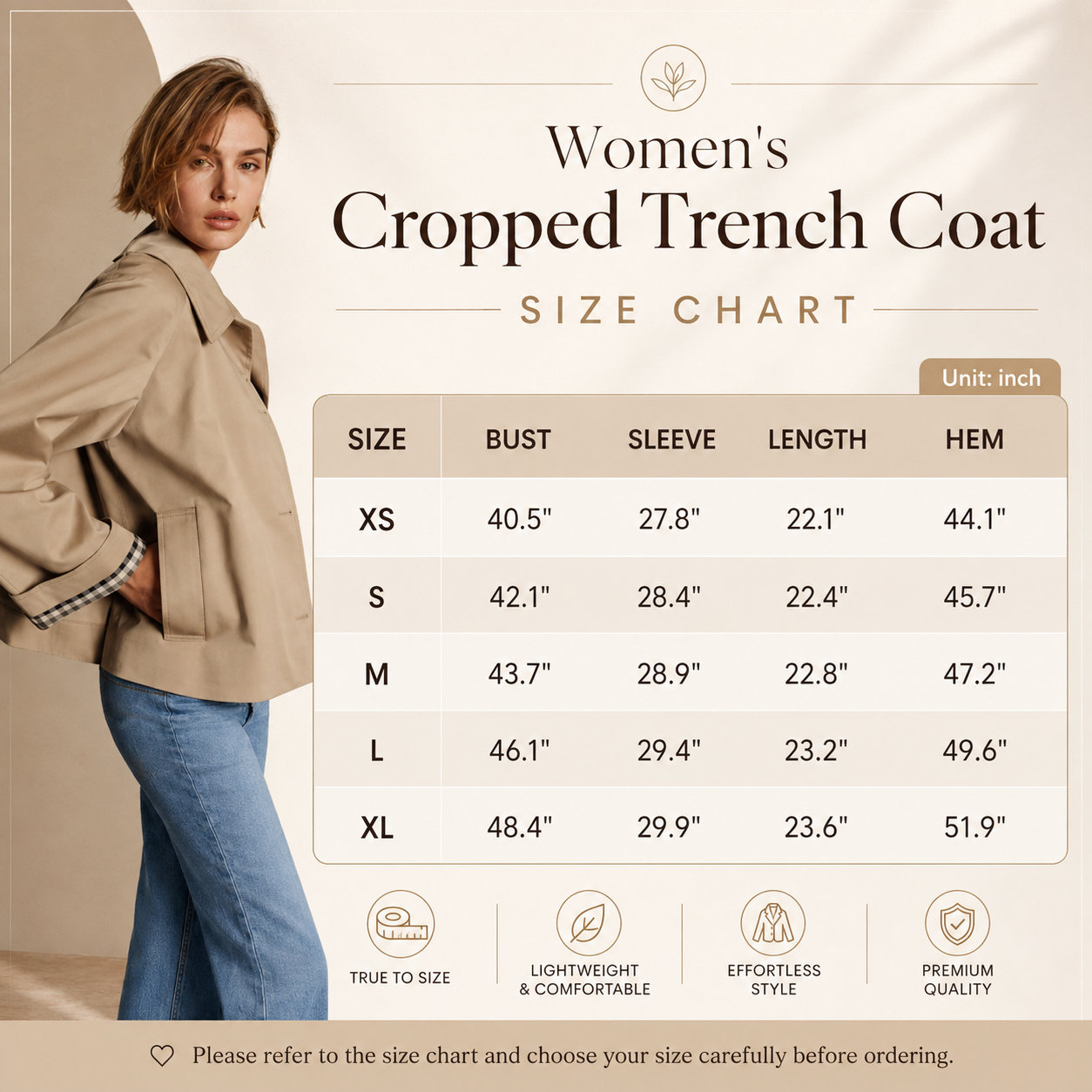 Size chart XS to XL for cropped trench coat