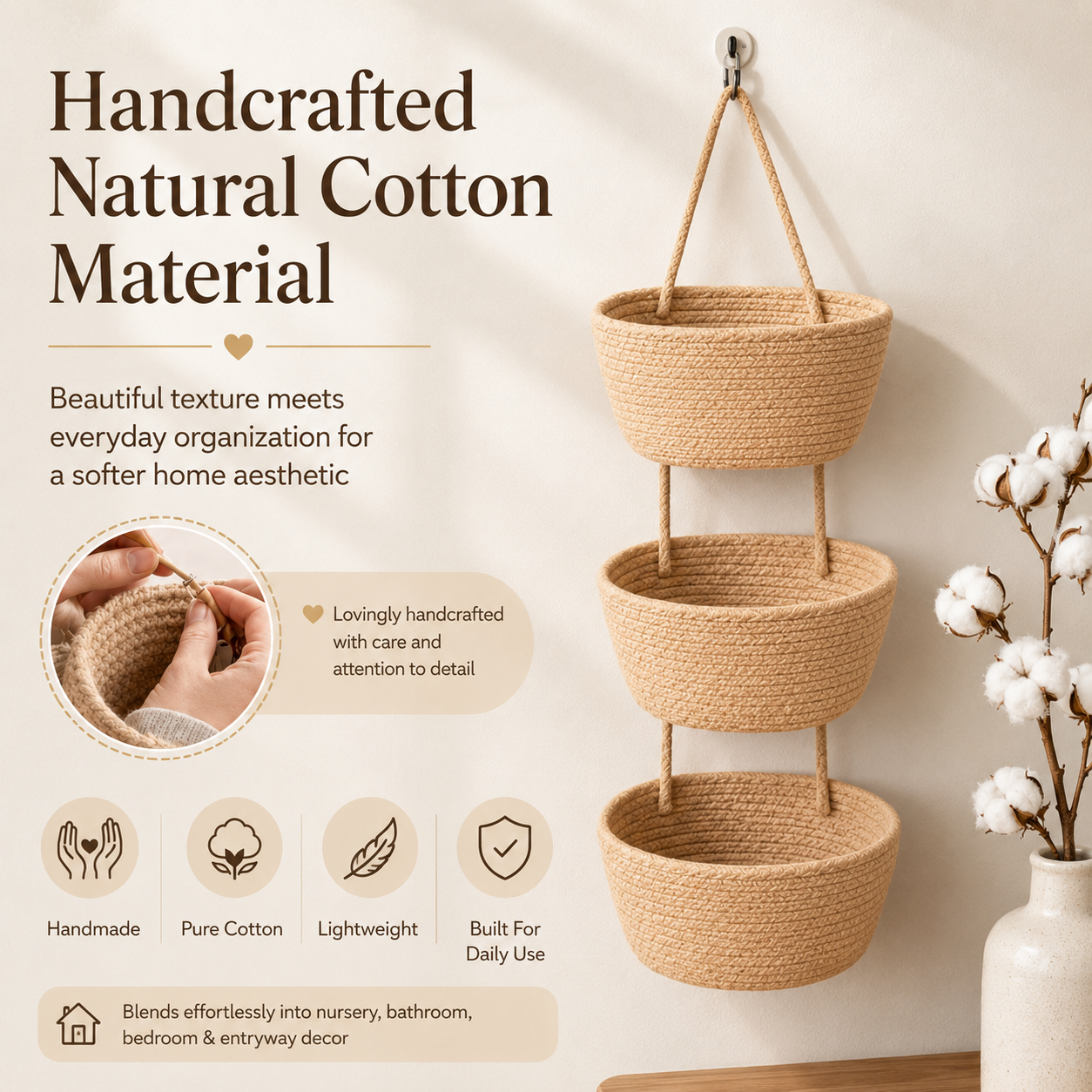 Decorative woven cotton hanging baskets for warm home decor