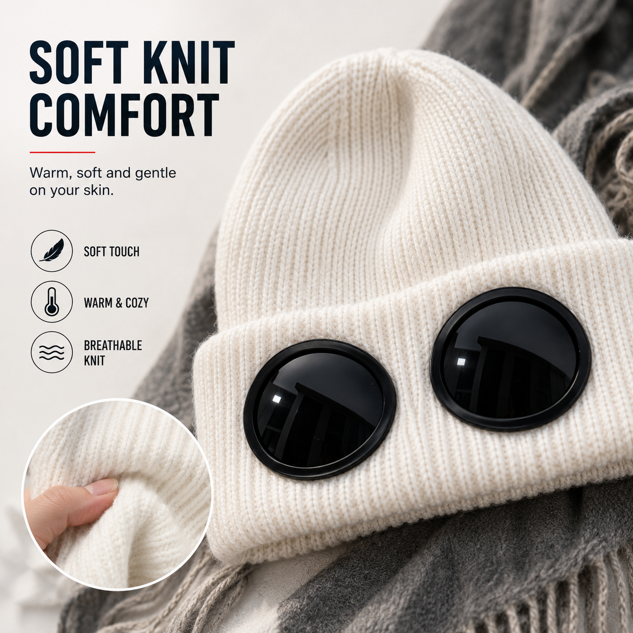 Close up view of round dark lenses embedded into beanie folded cuff