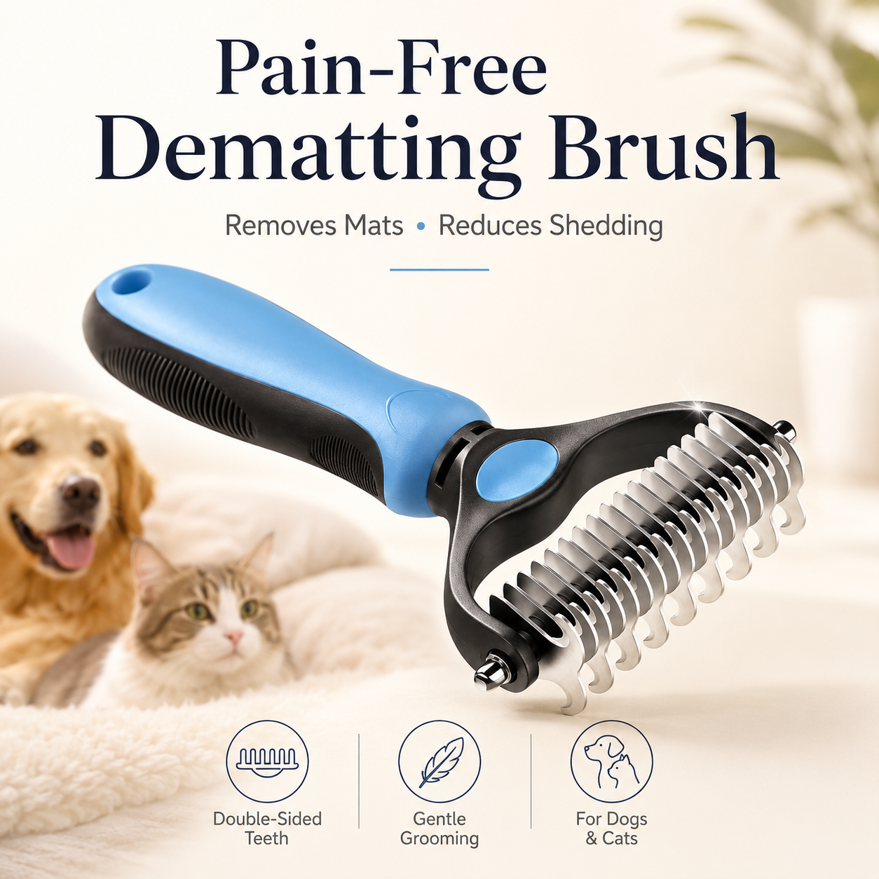 Dual-sided pet dematting brush for dogs and cats