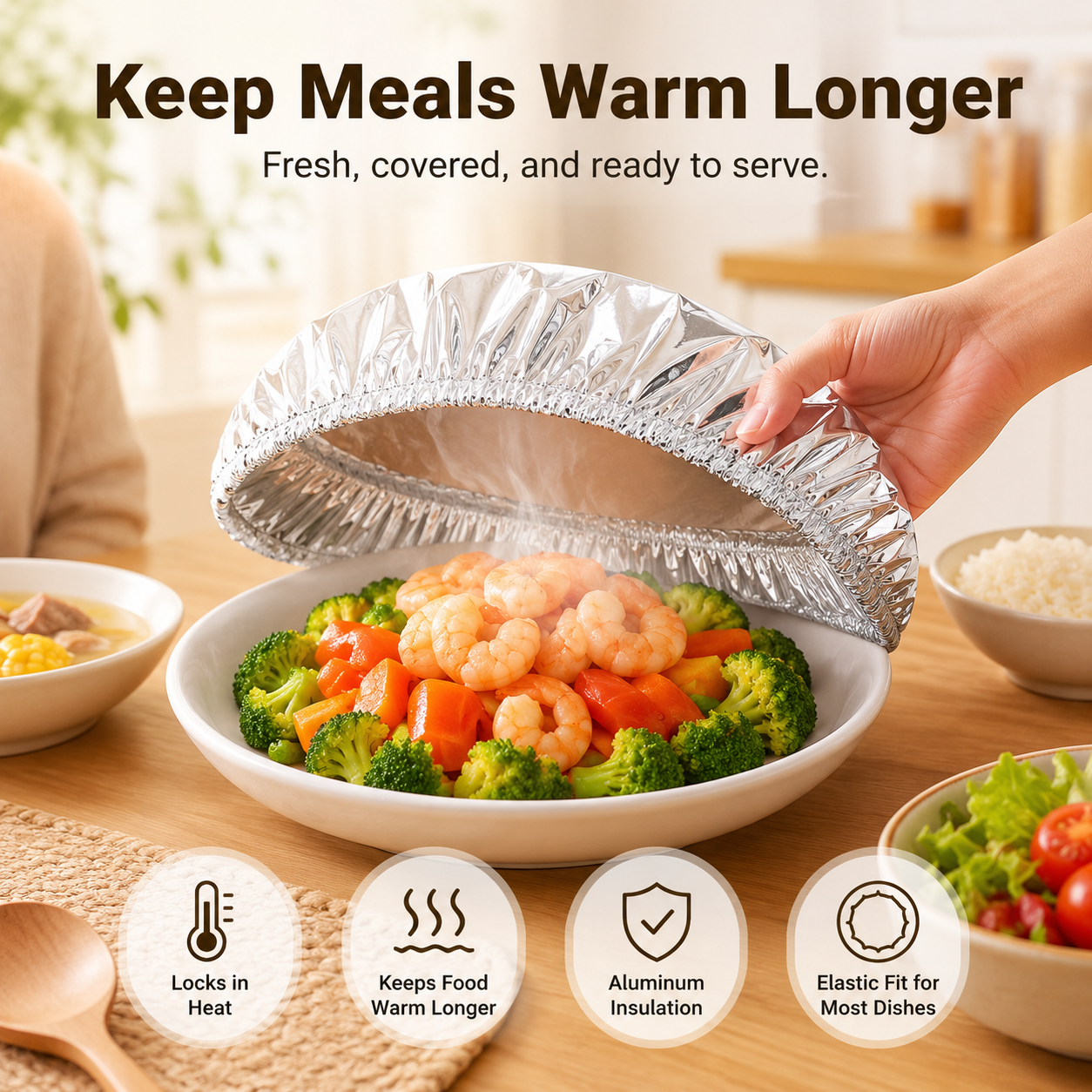 Aluminum foil insulated food cover with elastic edge design