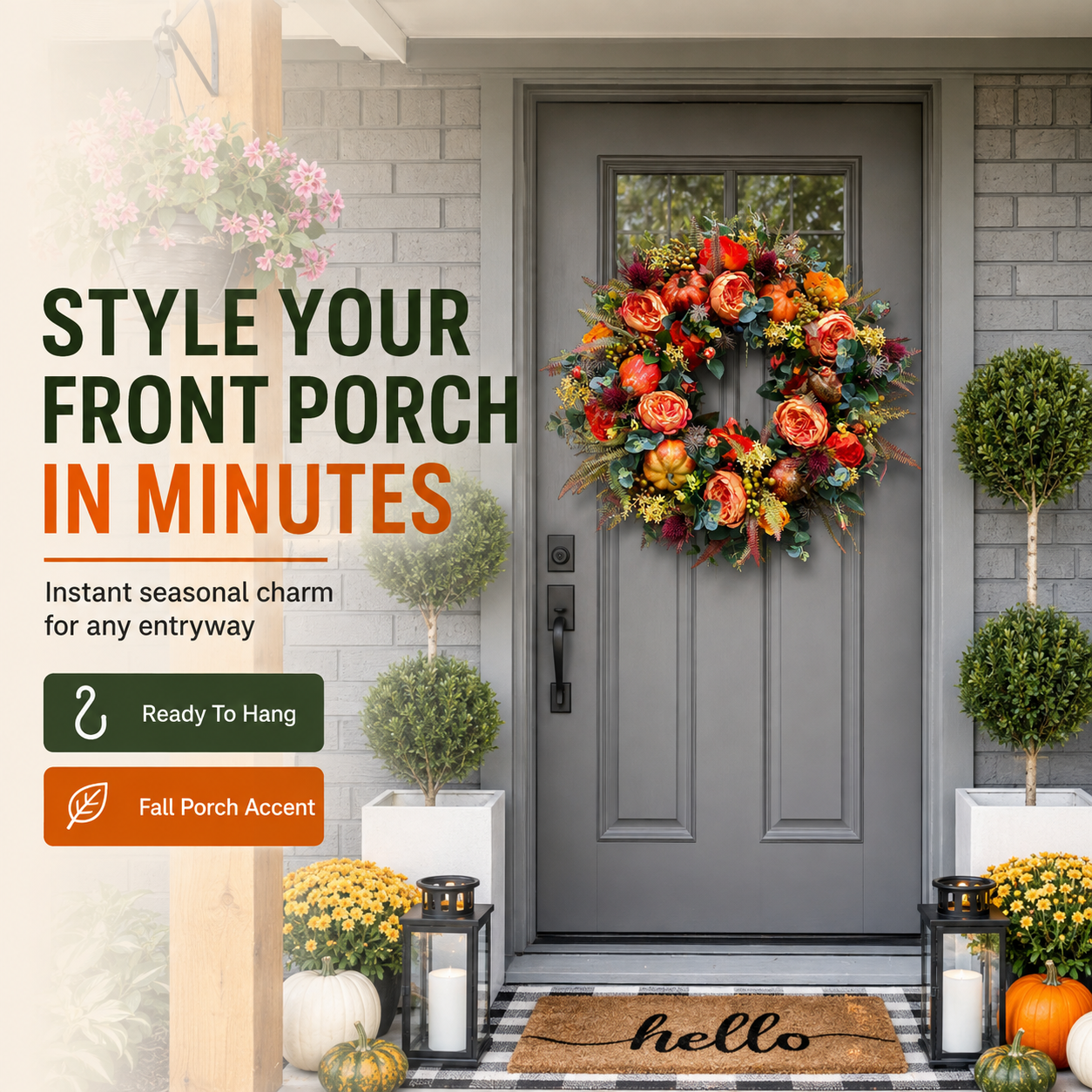 Fall wreath front door display with warm autumn welcome styling