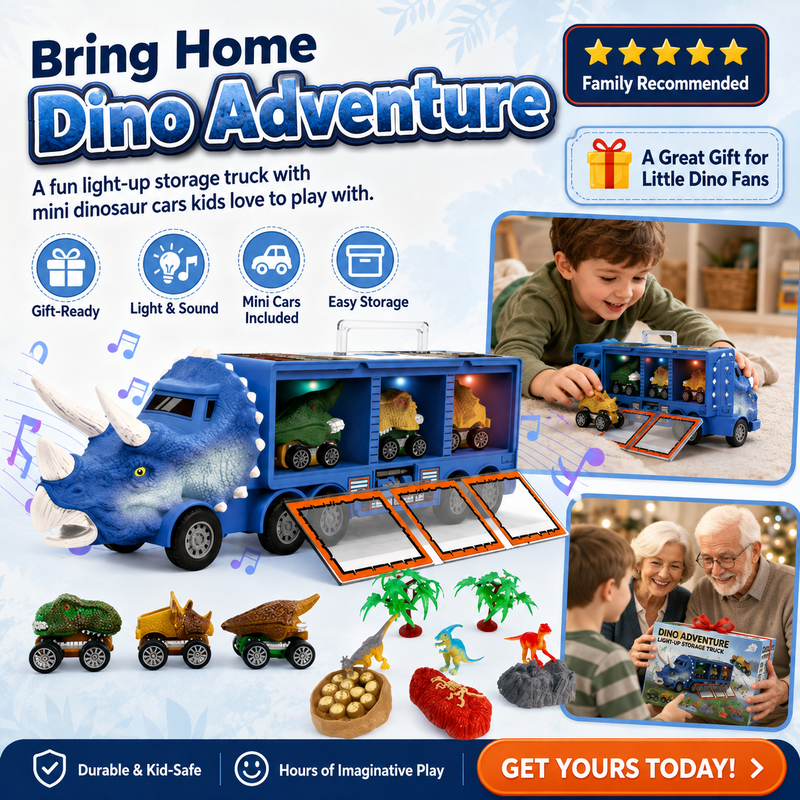 Portable dinosaur storage truck with child-friendly carry handle