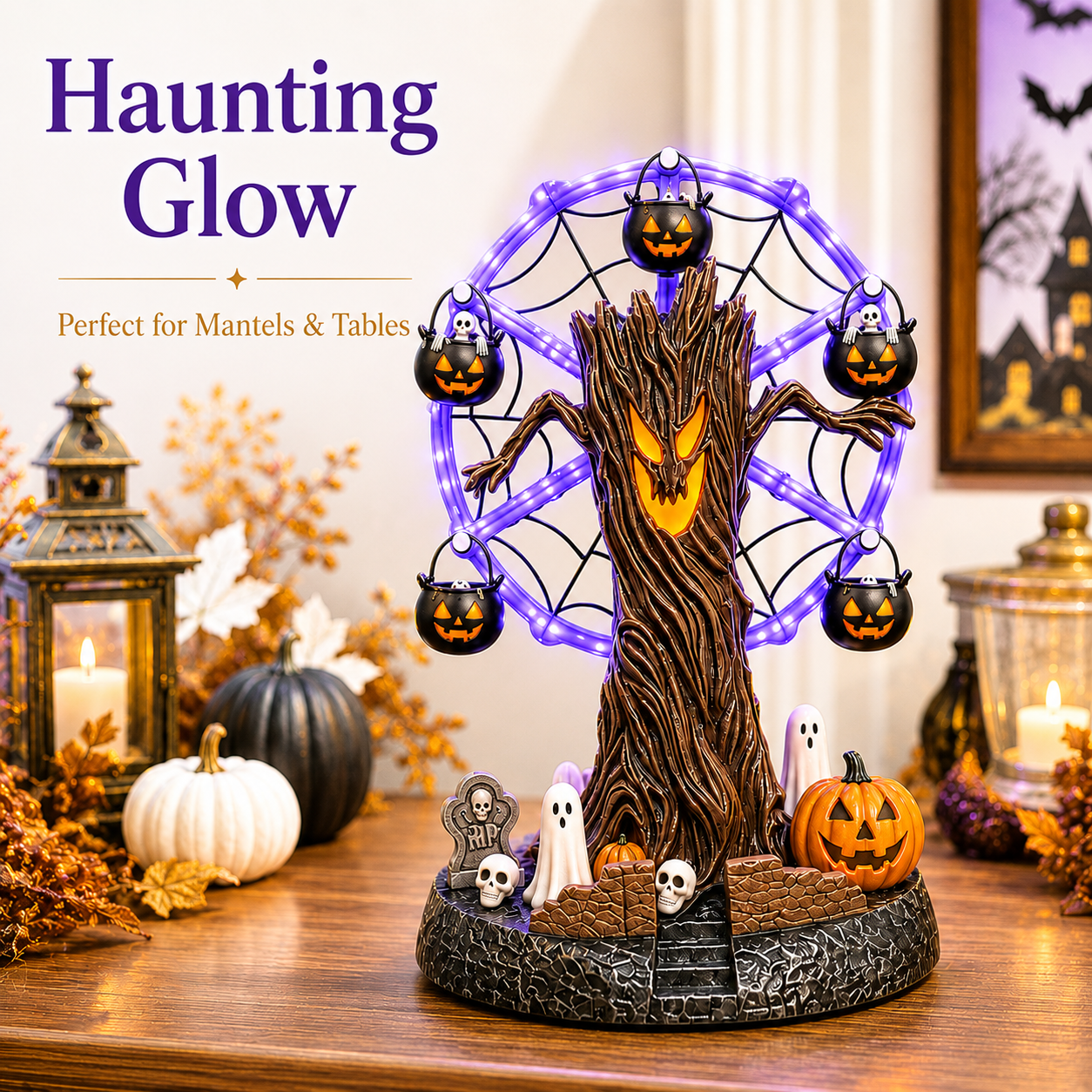 Halloween Ferris wheel glowing purple blue accents and hanging seats detail