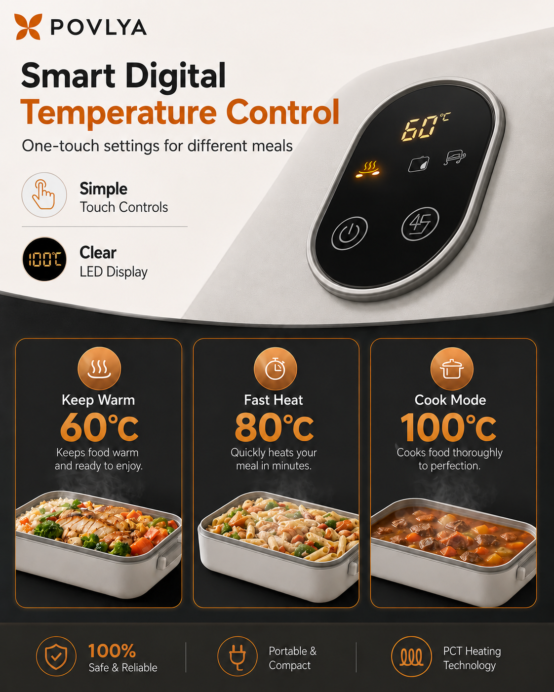 Smart digital temperature control portable electric lunch box