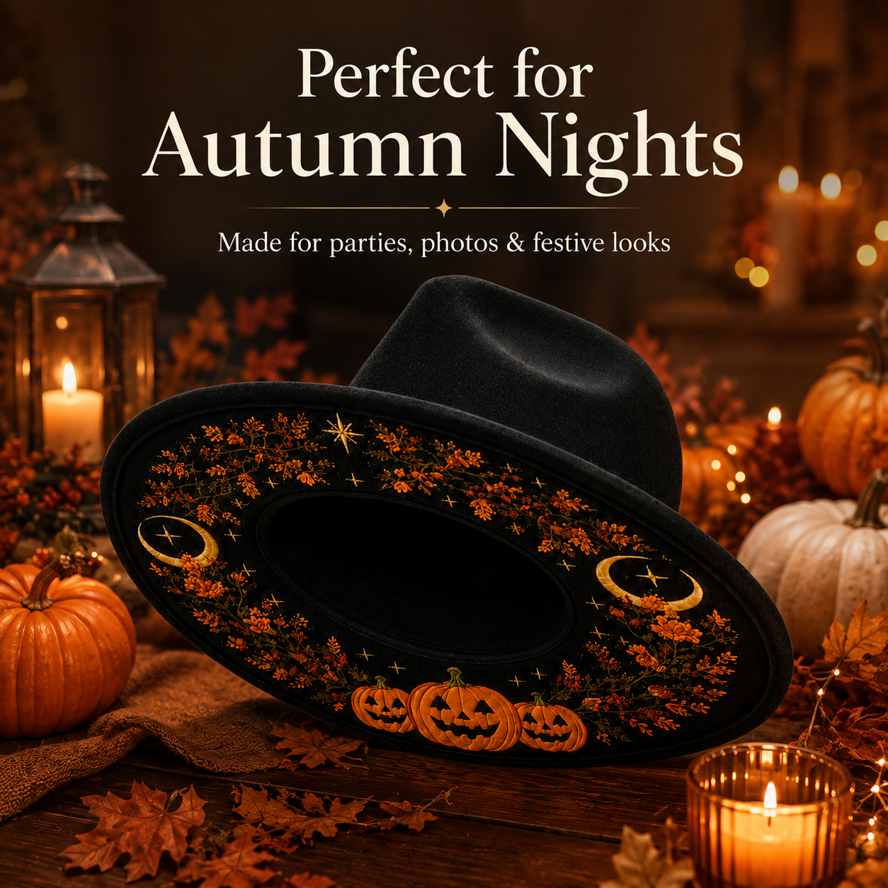 Halloween pumpkin and crescent moon embroidered underbrim hat