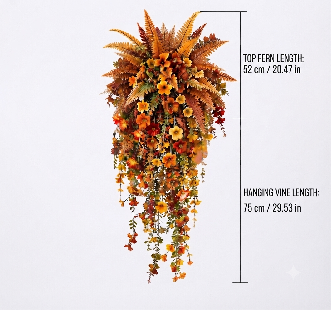 Dimension size diagram showing top fern 52cm and hanging vine 75cm