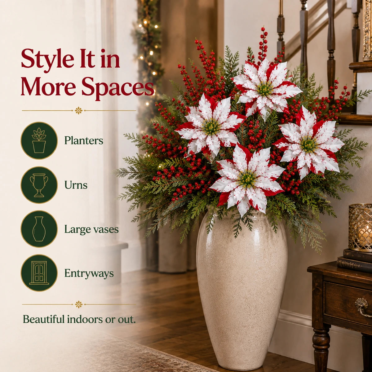 Christmas poinsettia picks styled in indoor entryway