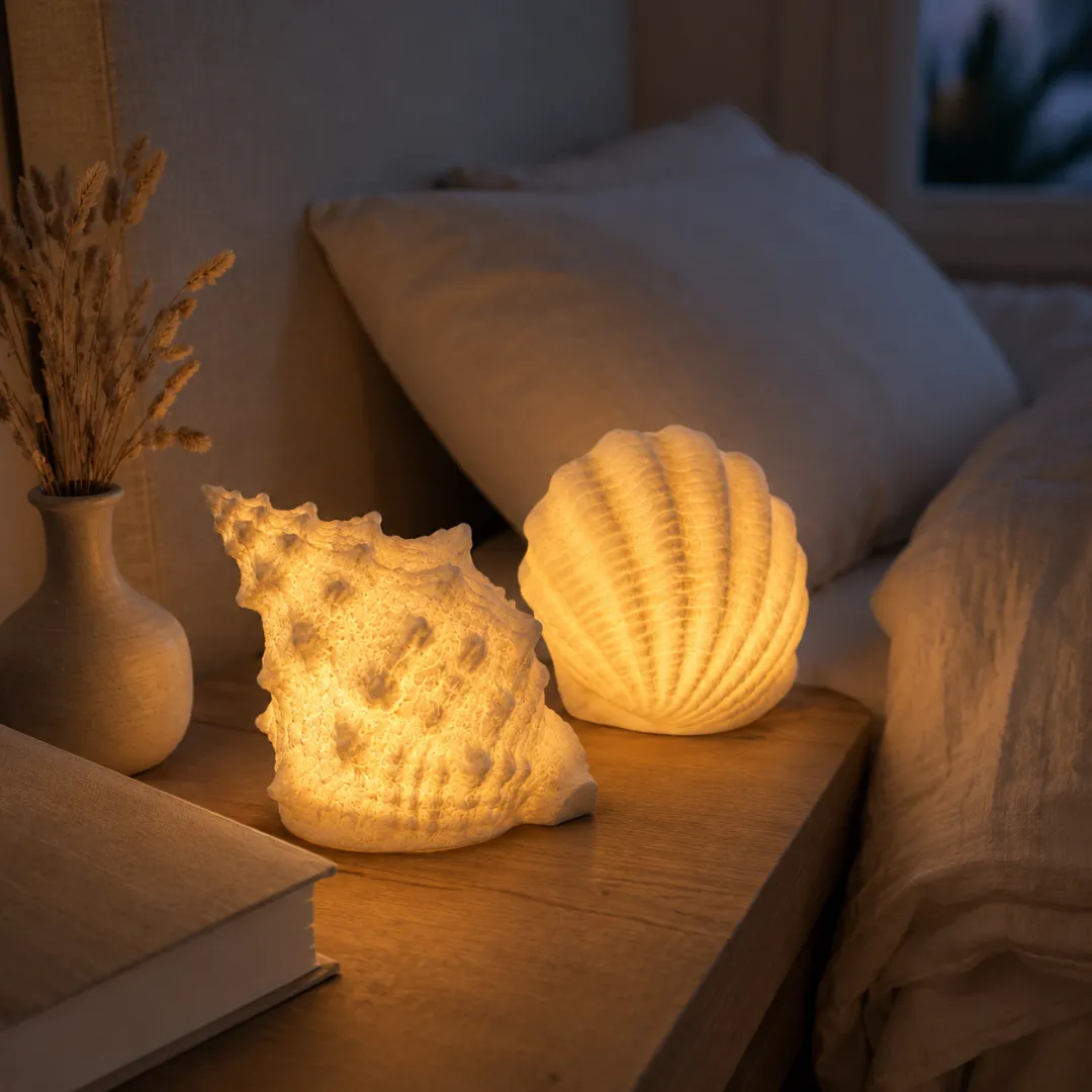 Warm glowing shell lamps creating a relaxed evening atmosphere