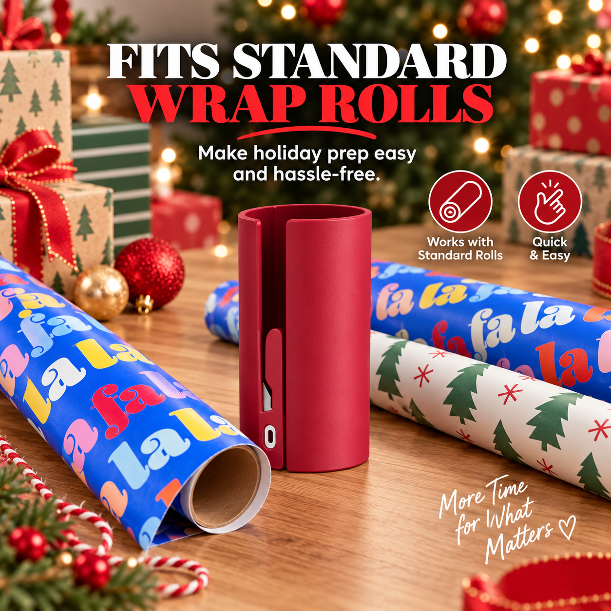 Red sliding gift wrap cutter displayed with standard wrapping paper rolls