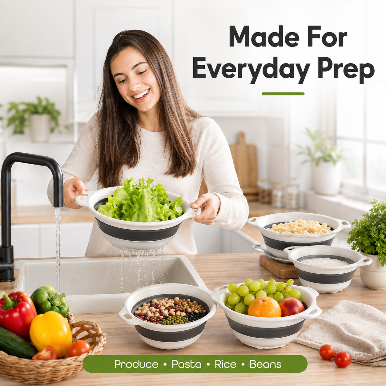 3-Piece Collapsible Colander Set with Self-Draining Base overview