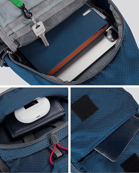 Model wearing crossbody sling bag on chest and shoulder outdoors