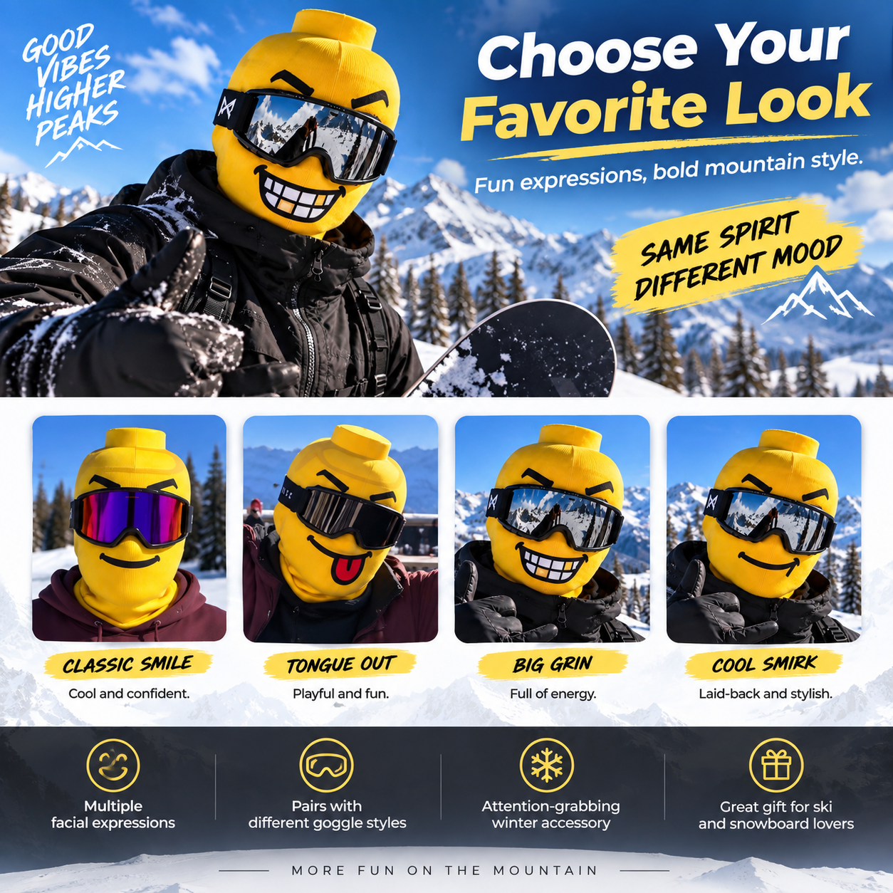 Funny yellow ski balaclava expression styles