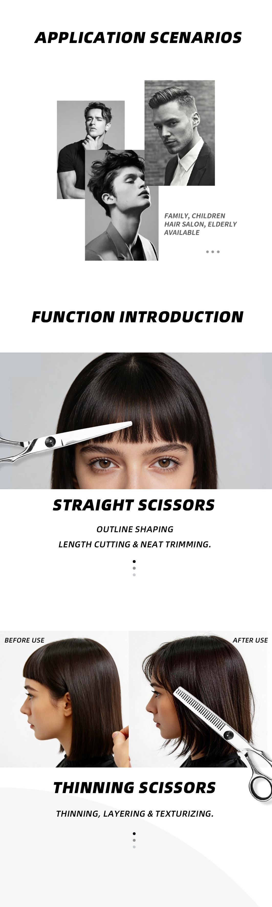 Function introduction of professional straight scissors for length trimming and thinning shears for layering, showing before and after hair texturizing results.