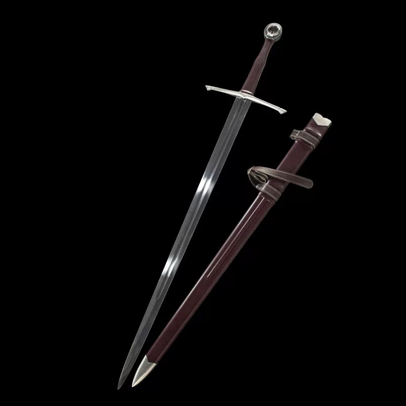 Full view of battle-ready medieval longsword with leather scabbard, crafted from 65 manganese steel.