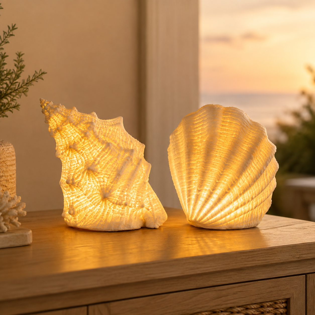 Coastal Duo with one conch light and one scallop shell light