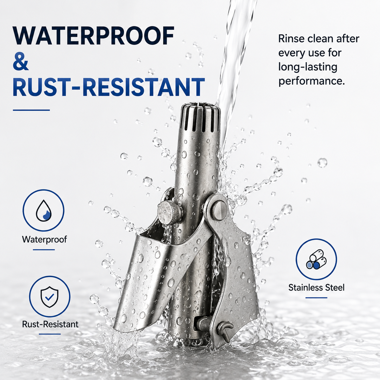 Rinsing stainless steel manual nose trimmer under running tap water