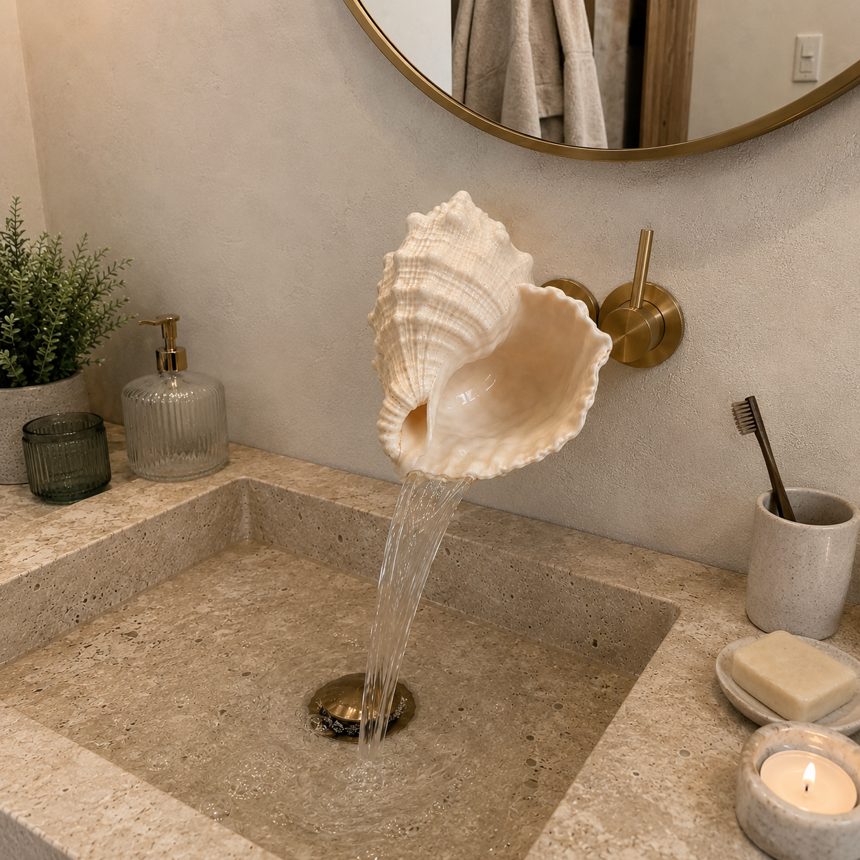 Installed wall-mounted seashell faucet above a stone basin