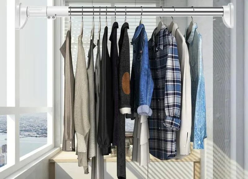 Tension rod closet and shelf space saving example
