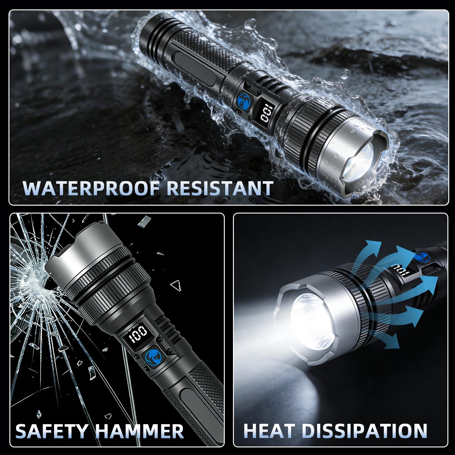 2-in-1 Strong Flashlight (Power Bank), Digital display ofpower, Rechargeable, Zoomable,, X4Waterproof,Adjustable Brightness Flash Light for Outdoor, Emergency,Camping Accessories, Black BackToSchool outdoorfun 2-in-1 Strong Flashlight (Power Bank), Digital display ofpower, Rechargeable, Zoomable,, X4Waterproof,Adjustable Brightness Flash Light for Outdoor, Emergency,Camping Accessories, Black BackToSchool outdoorfun