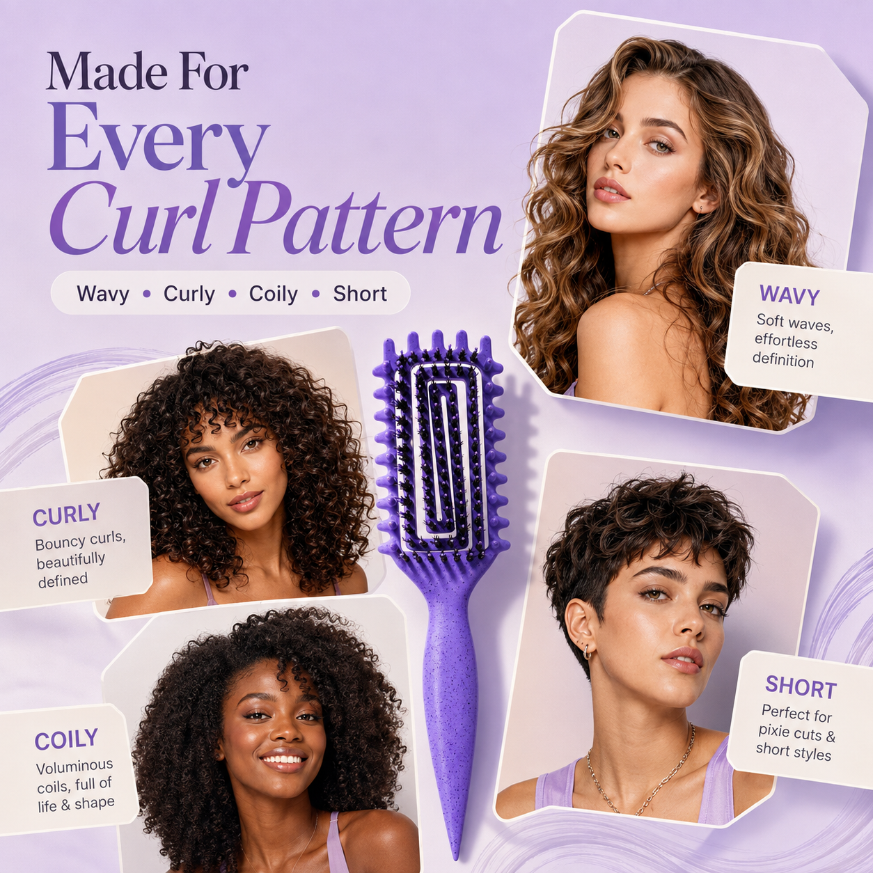 Ergonomic purple curl defining styling brush overview