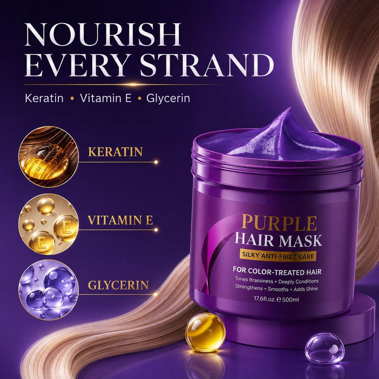 Hair before and after purple mask treatment showing yellow tones eliminated