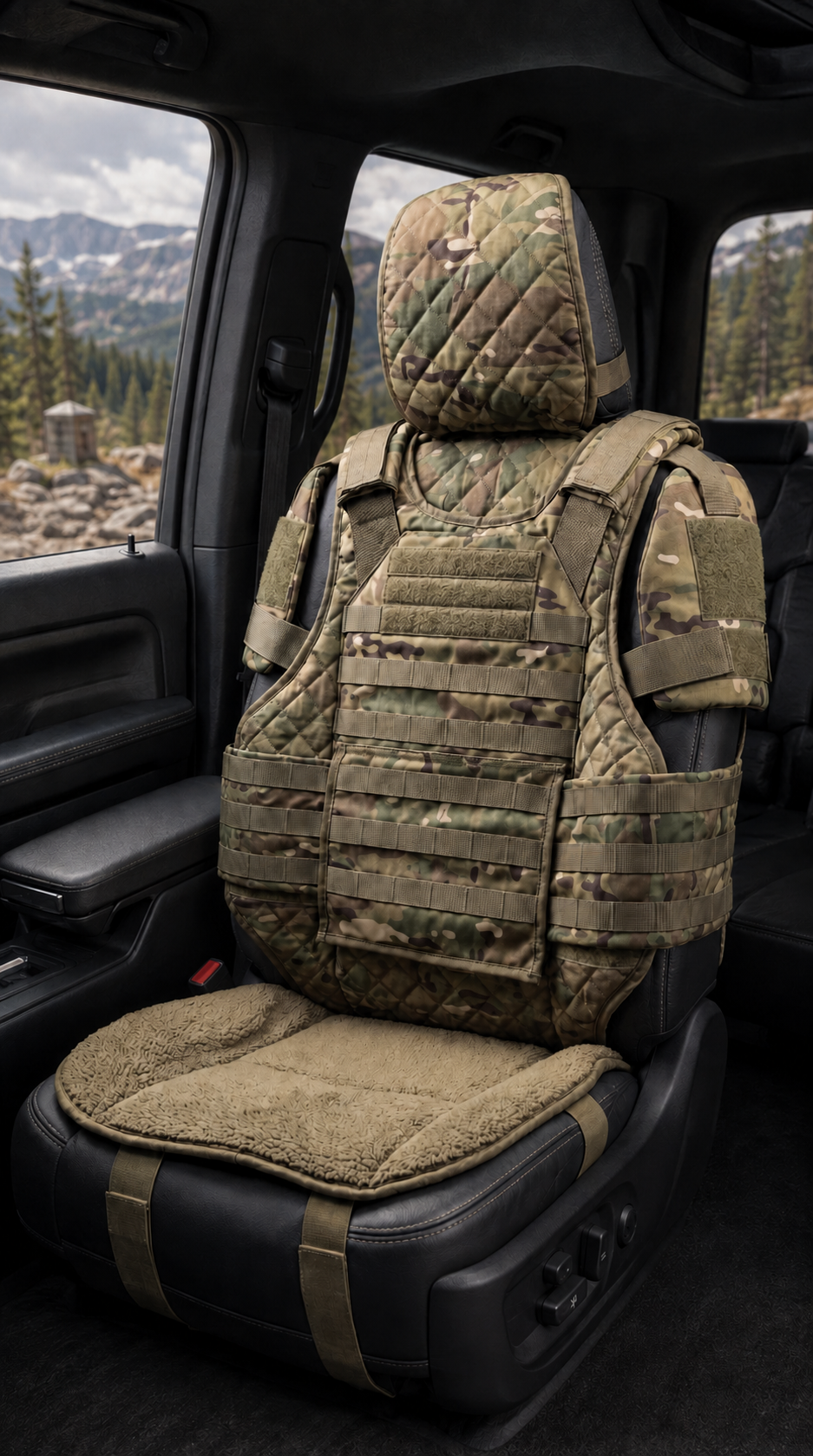 Detailed view of khaki vehicle seat cover construction