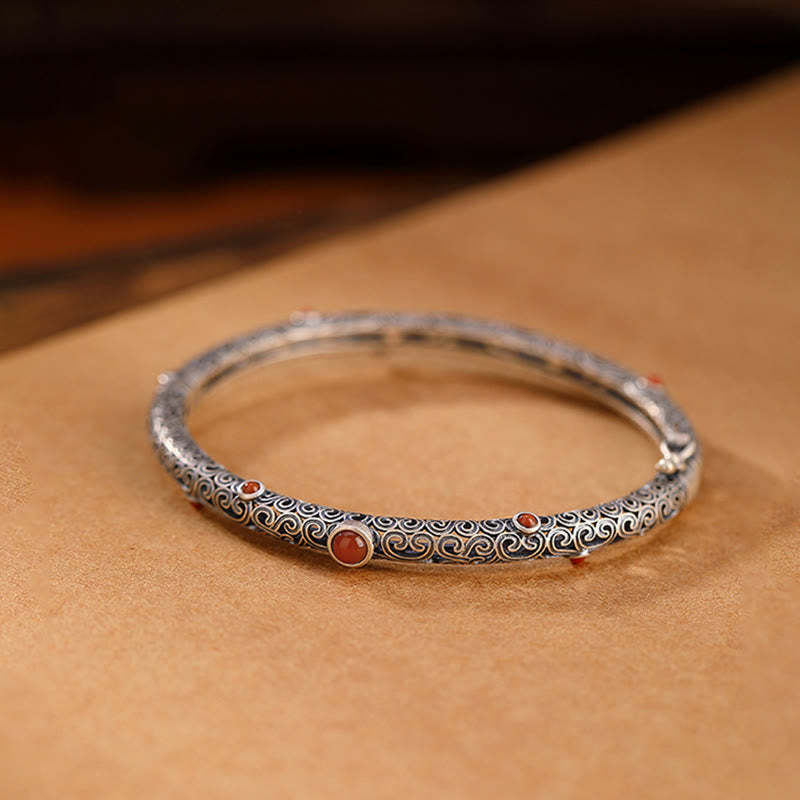 Vintage Tang Dynasty Flower Design Engraved Red Agate Copper Luck Bracelet Bangle