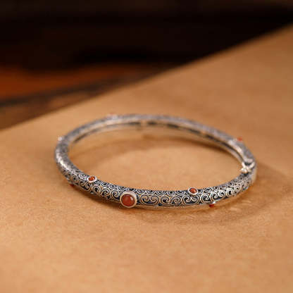 Vintage Tang Dynasty Flower Design Engraved Red Agate Copper Luck Bracelet Bangle