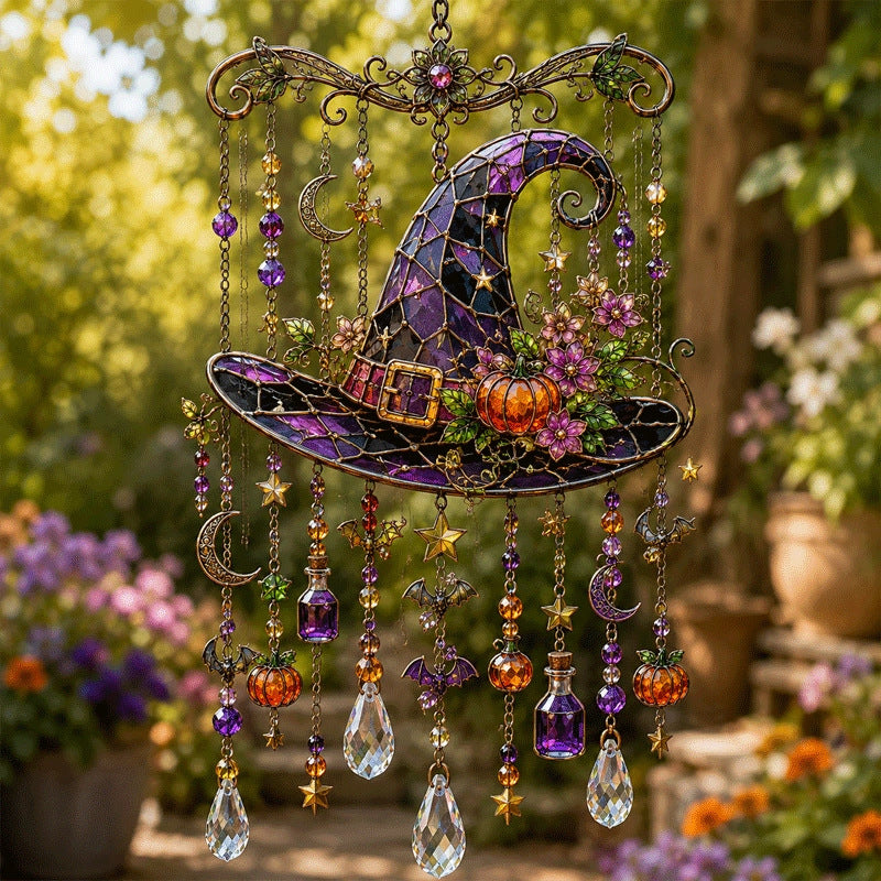 Witch hat Halloween stained glass-style hanging ornament