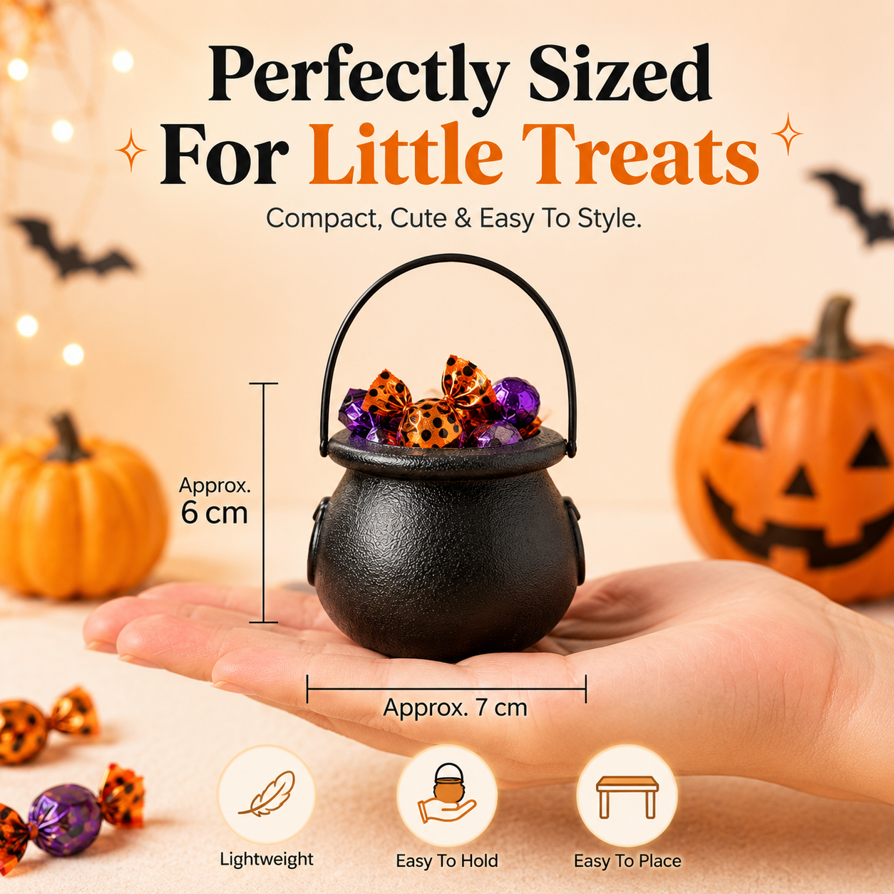 Mini cauldrons arranged on dessert table filled with colorful candies