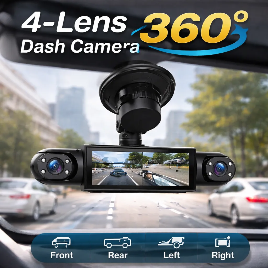 Four way simultaneous recording dash camera front rear left right