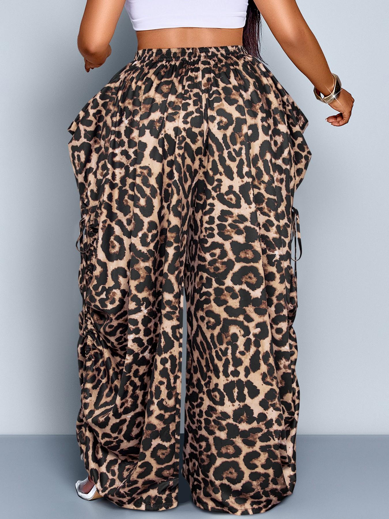 Women's Plus Size Leopard Print Wide Leg Pants, High Waist Elastic Waist Adjustable, Loose-Fitting Long Pants, Casual All Seasons Fashion, Casual High Waisted