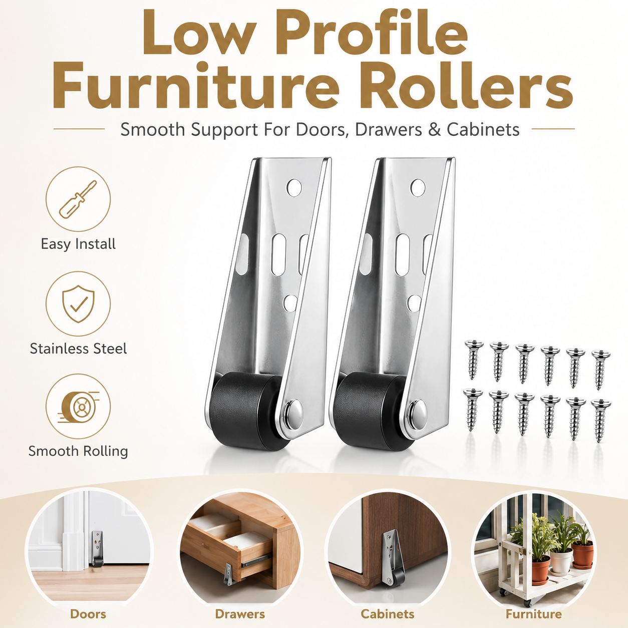 Mini caster wheels for sagging doors and furniture