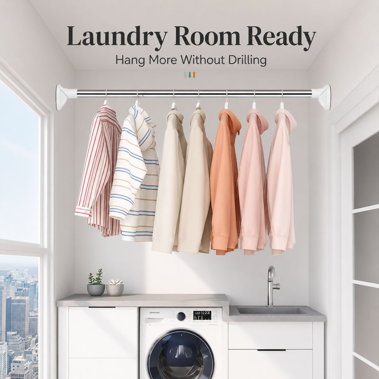 Tension rod laundry room drying rail