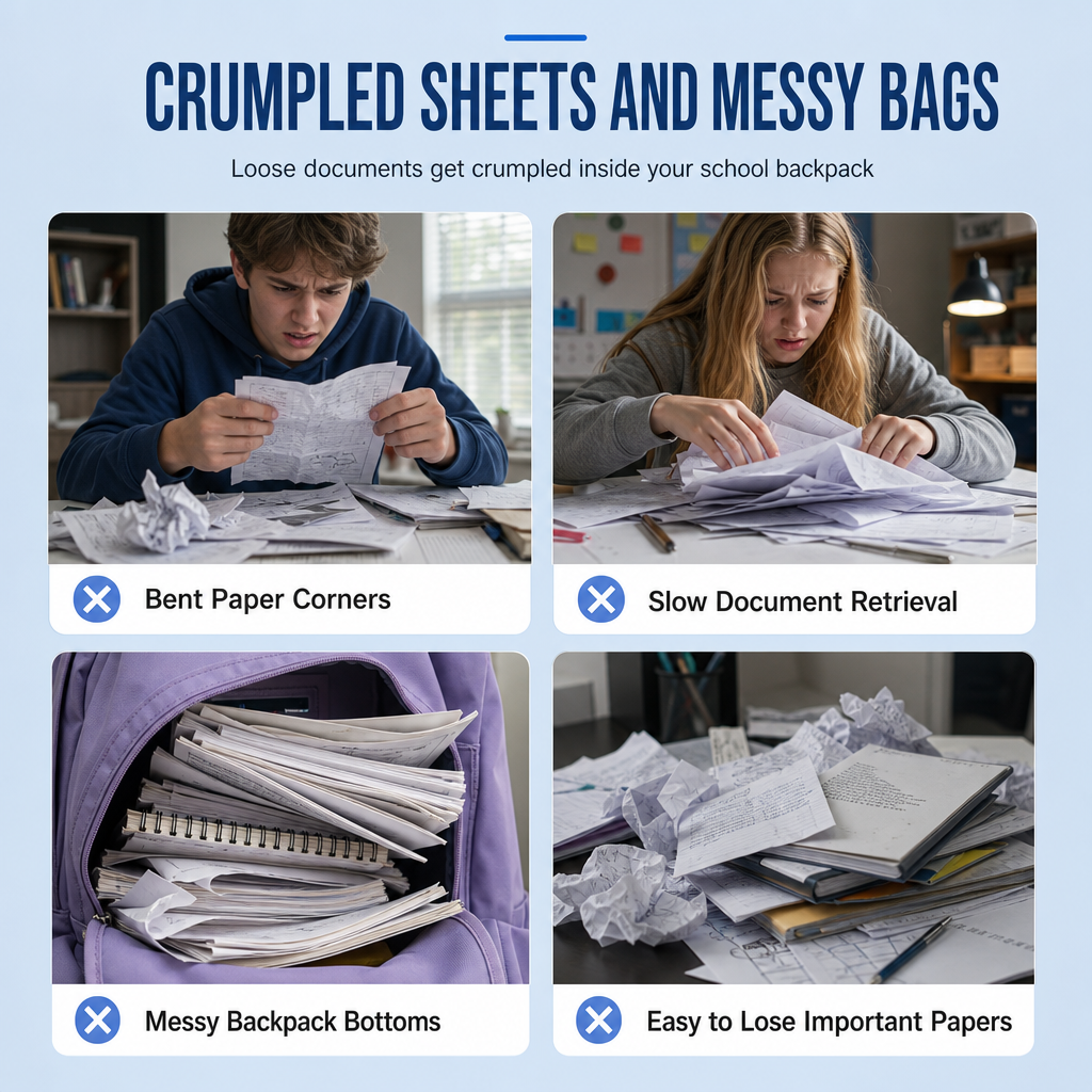 Messy crumpled backpack papers problem solution