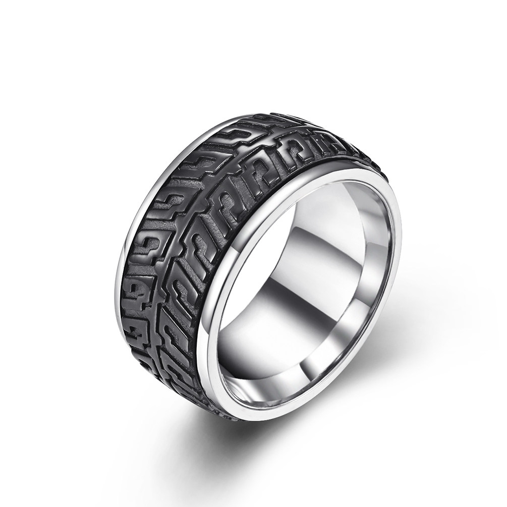 Black and silver stainless steel biker ring featuring a textured motorcycle tire track design.