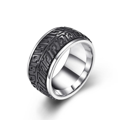 Black and silver stainless steel biker ring featuring a textured motorcycle tire track design.