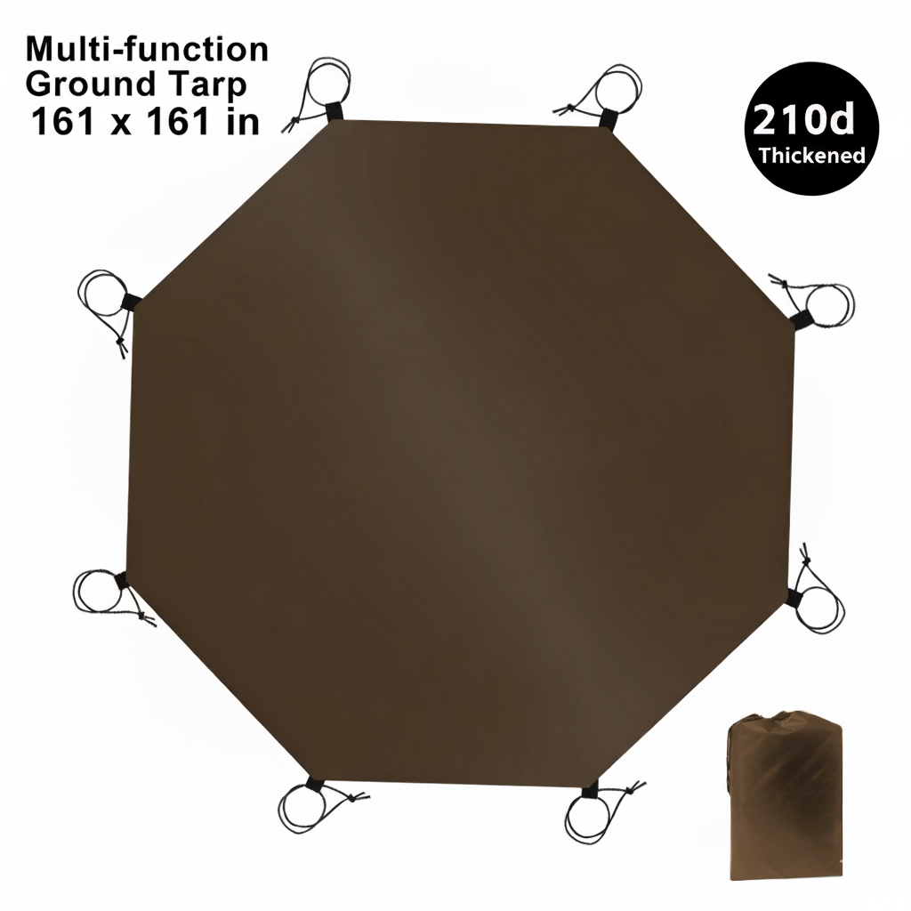 A brown, multi-function ground tarp with an octagonal shape and 210D thickened fabric, measuring 161 x 161 inches.