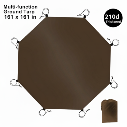 A brown, multi-function ground tarp with an octagonal shape and 210D thickened fabric, measuring 161 x 161 inches.