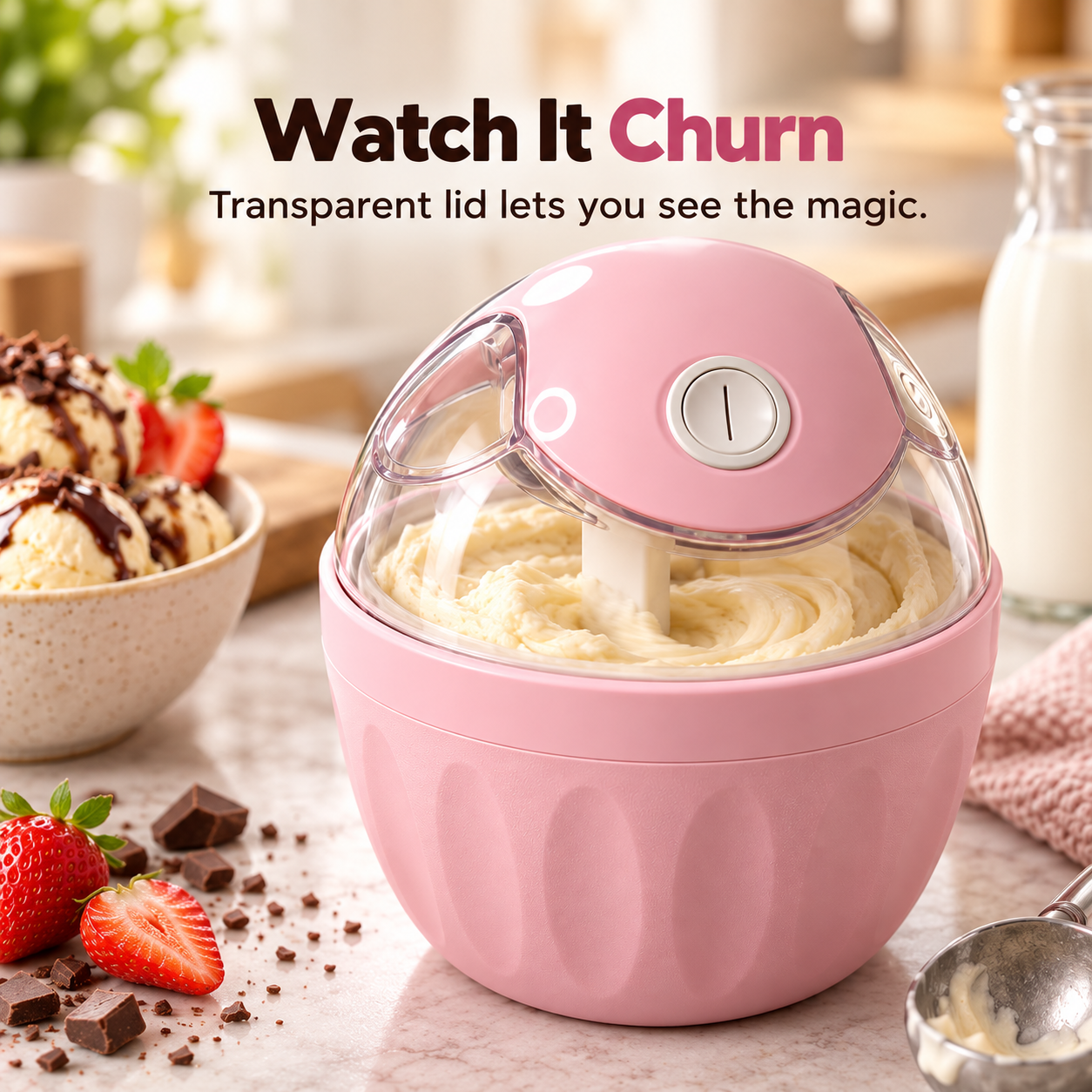 Transparent lid watch ice cream churn