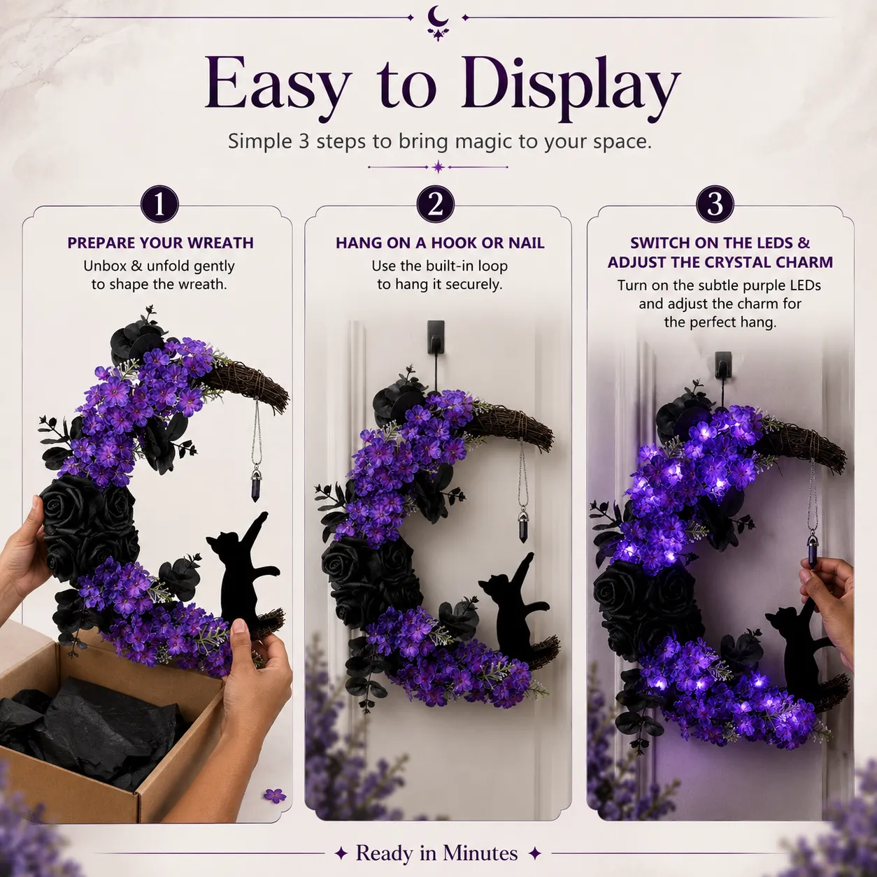 How to display Halloween crescent moon cat wreath