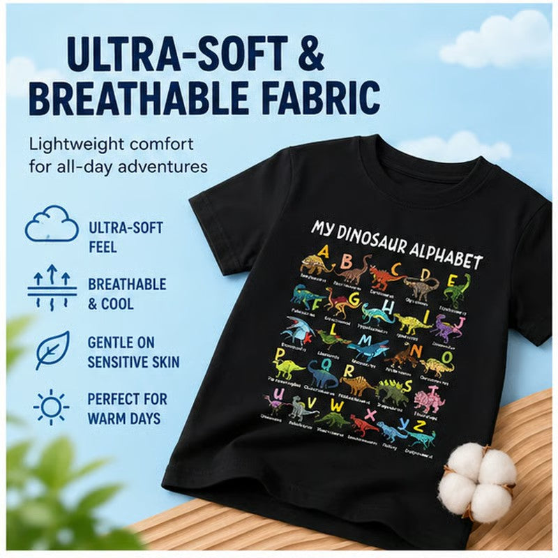 Soft polyester dinosaur alphabet kids t-shirt